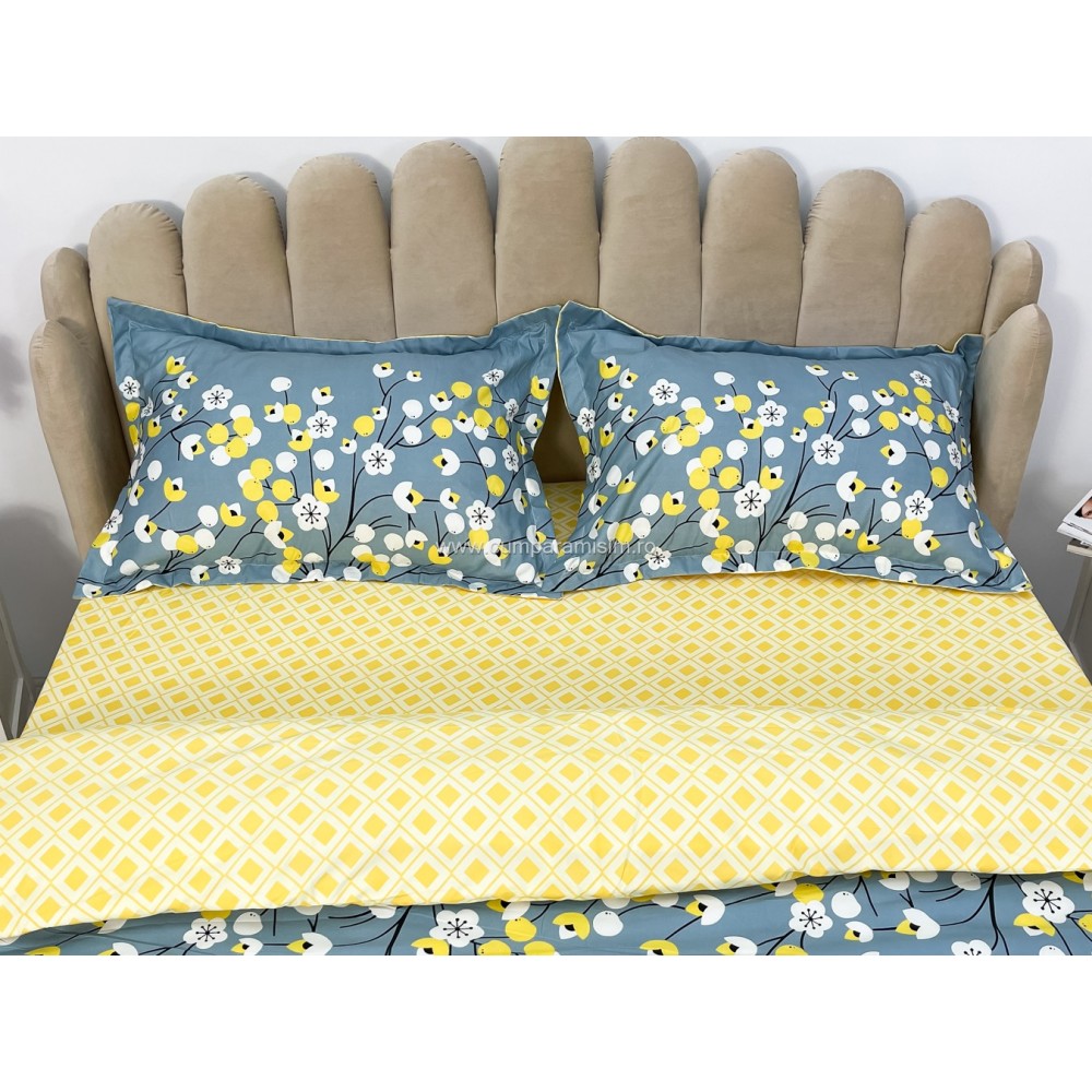 Lenjerie pat dublu, bumbac satinat, cearsaf clasic, 4 piese,  Albastru, floricele - view 4