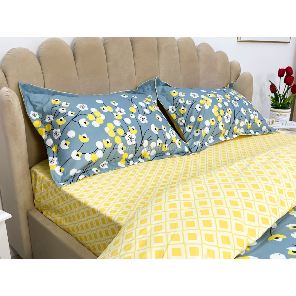 Lenjerie pat dublu, bumbac satinat, cearsaf clasic, 4 piese,  Albastru, floricele - view 5