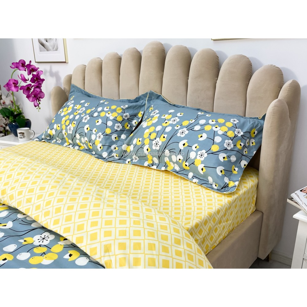 Lenjerie pat dublu, bumbac satinat, cearsaf clasic, 4 piese,  Albastru, floricele - view 6
