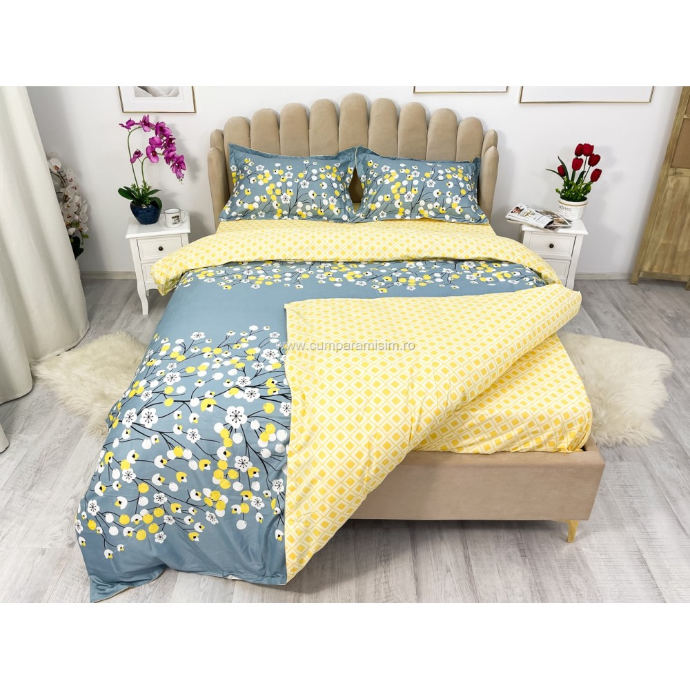 Lenjerie pat dublu, bumbac satinat, cearsaf clasic, 4 piese,  Albastru, floricele - view 7