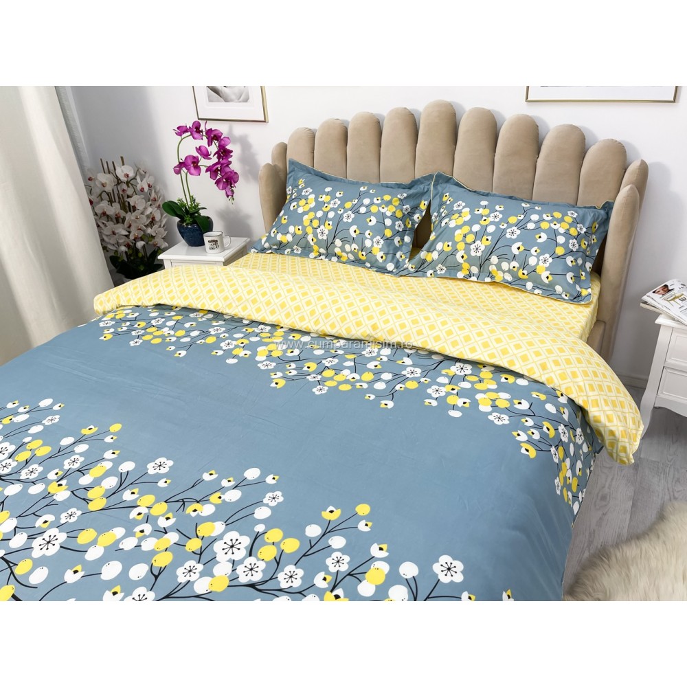 Lenjerie pat dublu, bumbac satinat, cearsaf clasic, 4 piese,  Albastru, floricele - view 8