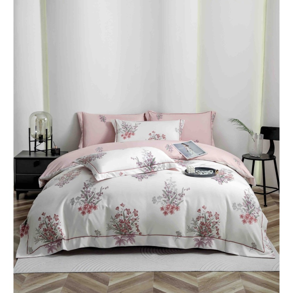 Lenjerie pat dublu, FINET DeLuxe, 6 piese, cu ELASTIC, Jojo Home, Cutie Eleganta, Roz, Flori - view 2
