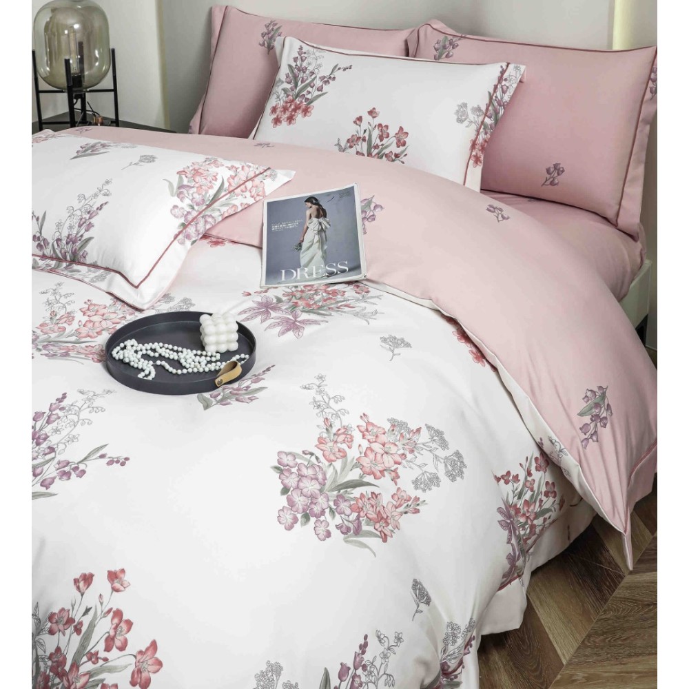 Lenjerie pat dublu, FINET DeLuxe, 6 piese, cu ELASTIC, Jojo Home, Cutie Eleganta, Roz, Flori - view 3