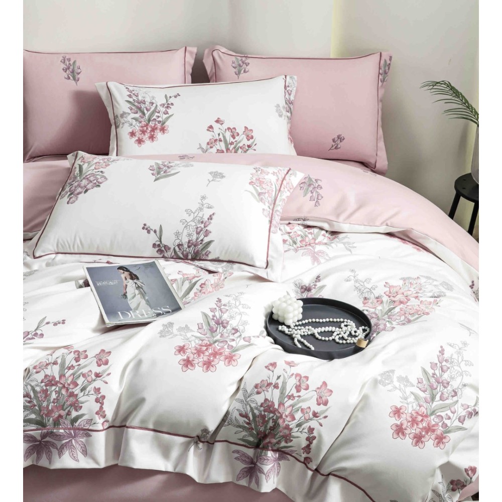 Lenjerie pat dublu, FINET DeLuxe, 6 piese, cu ELASTIC, Jojo Home, Cutie Eleganta, Roz, Flori - view 4
