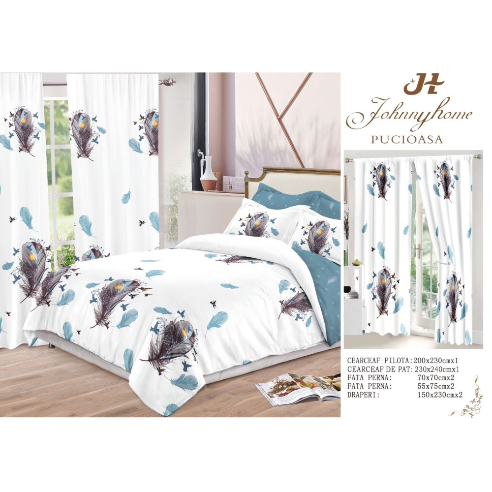 Set Lenjerie pat dublu (140x200cm, 160x200cm, 180x200cm) + 2 draperii, finet, 8 piese, Alb, Bleu, pene — imaginea 3