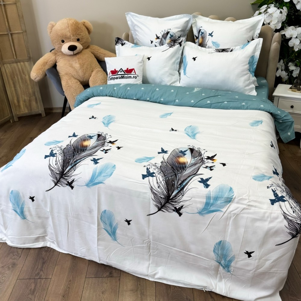 Set Lenjerie pat dublu (140x200cm, 160x200cm, 180x200cm) + 2 draperii, finet, 8 piese, Alb, Bleu, pene — imaginea 6