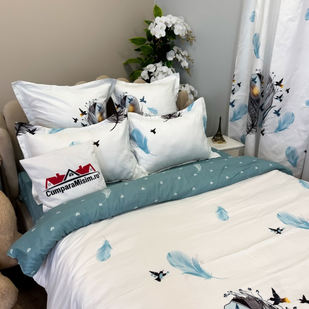 Set Lenjerie pat dublu (140x200cm, 160x200cm, 180x200cm) + 2 draperii, finet, 8 piese, Alb, Bleu, pene — imaginea 7