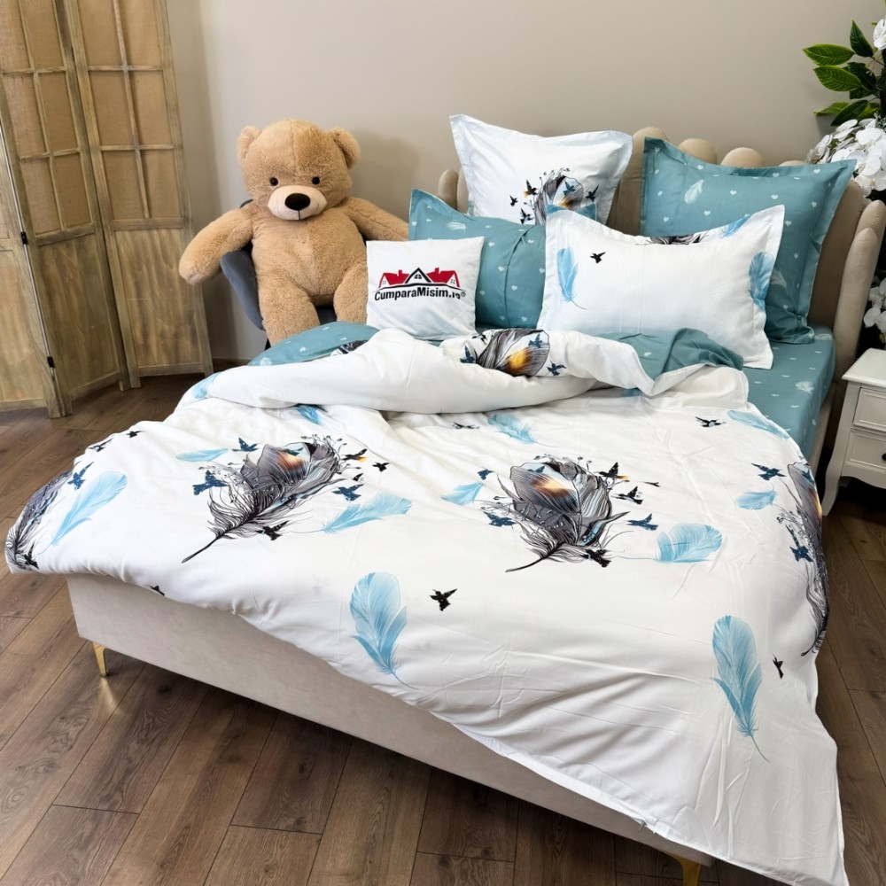Set Lenjerie pat dublu (140x200cm, 160x200cm, 180x200cm) + 2 draperii, finet, 8 piese, Alb, Bleu, pene — imaginea 8