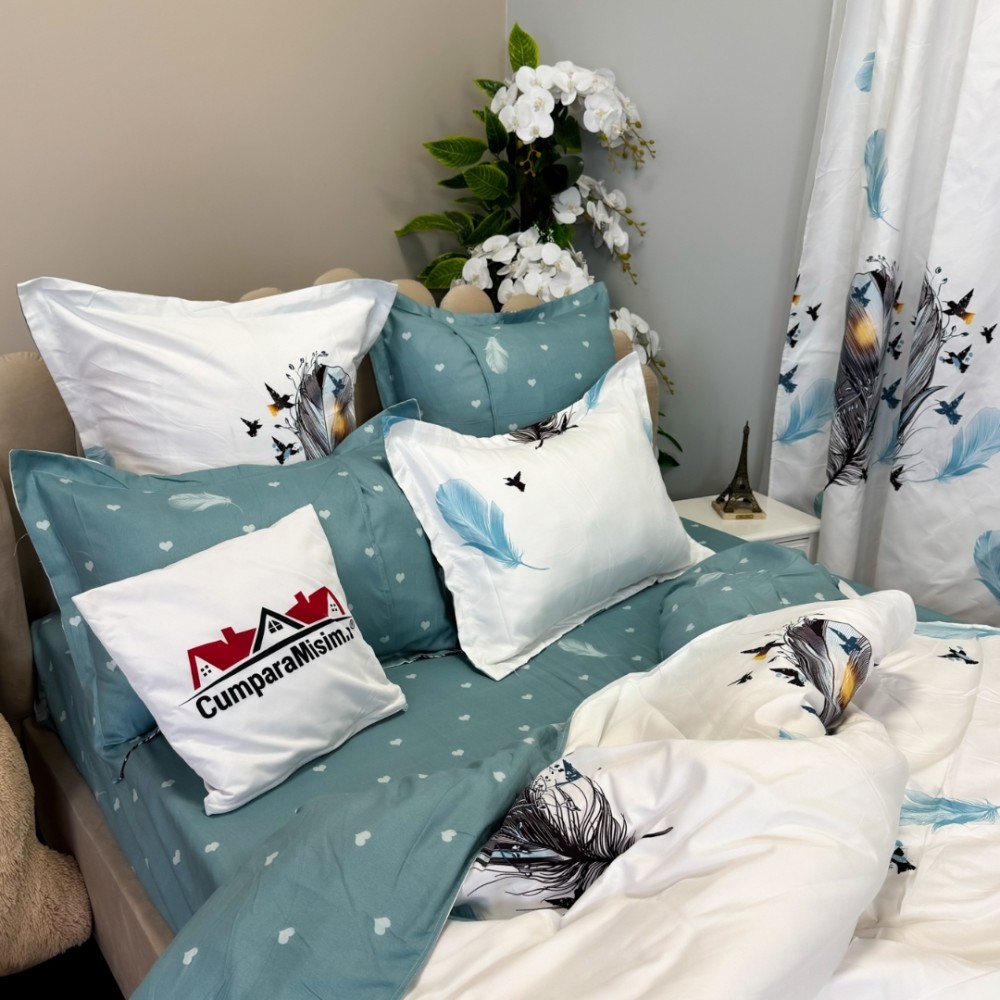 Set Lenjerie pat dublu (140x200cm, 160x200cm, 180x200cm) + 2 draperii, finet, 8 piese, Alb, Bleu, pene — imaginea 9