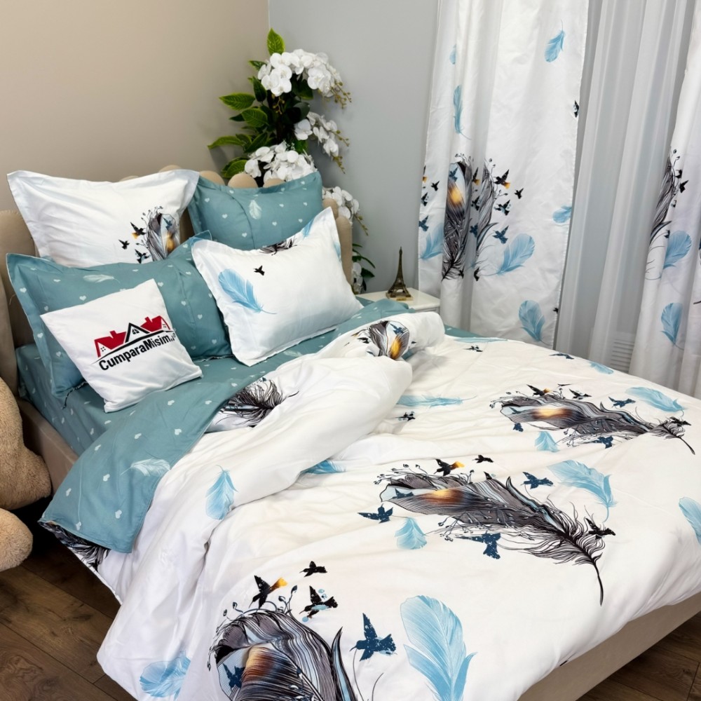 Set Lenjerie pat dublu (140x200cm, 160x200cm, 180x200cm) + 2 draperii, finet, 8 piese, Alb, Bleu, pene — imaginea 10