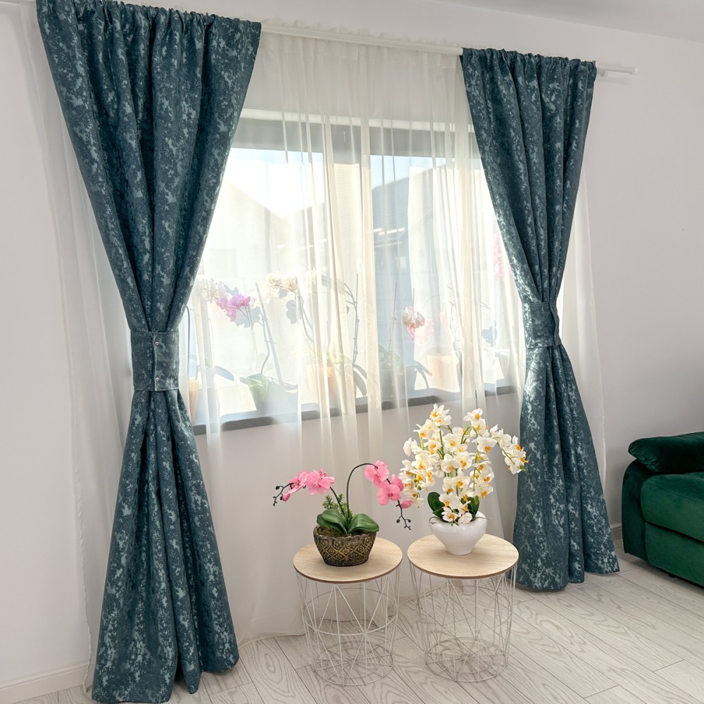 Draperie din Jacquard, 140x260cm, cu tiv lat pentru bara, Bleu – imagine 2