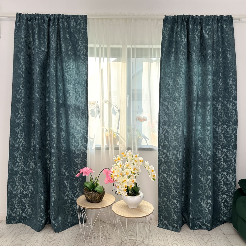 Draperie din Jacquard, 140x260cm, cu tiv lat pentru bara, Bleu – imagine 5