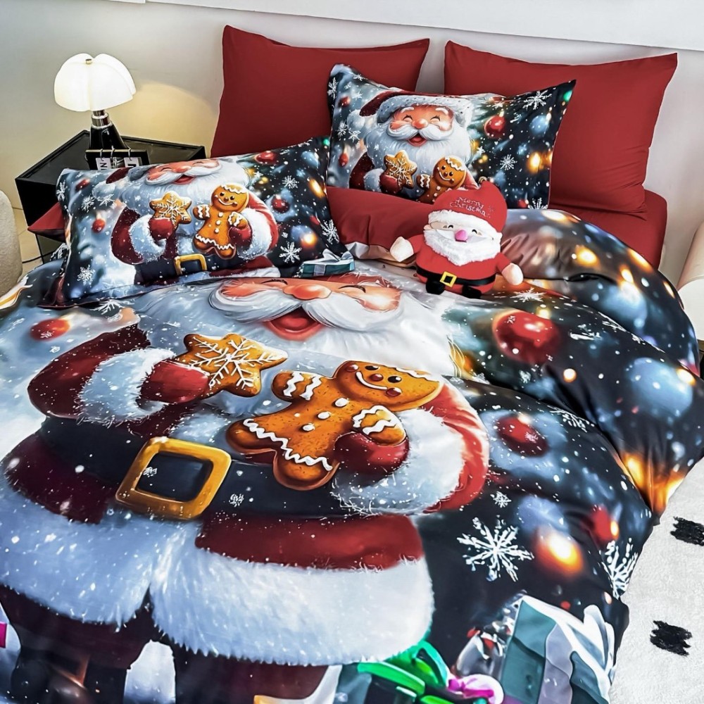 Lenjerie pat dublu, FINET, Imprimeu Digital 5D - Identic cu poza, Cu ELASTIC, 6 piese, Jojo Home, Alb, Rosu, Mos Craciun cu Turta Dulce — imaginea 3