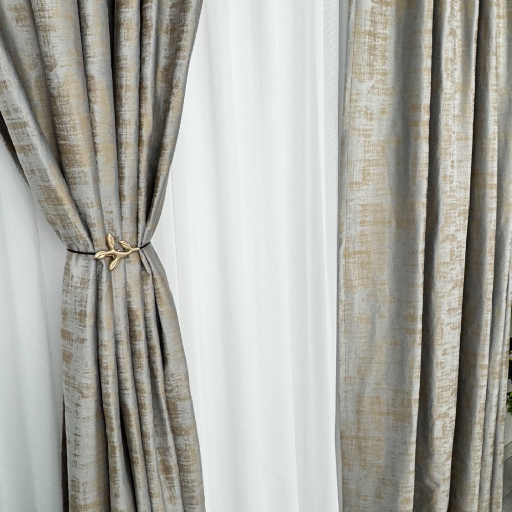 Set 2 Draperii Catifea cu model Venti, Gri cu Bej, 140cm latime x 260cm inaltime, cu tiv lat pt bara – imagine 6