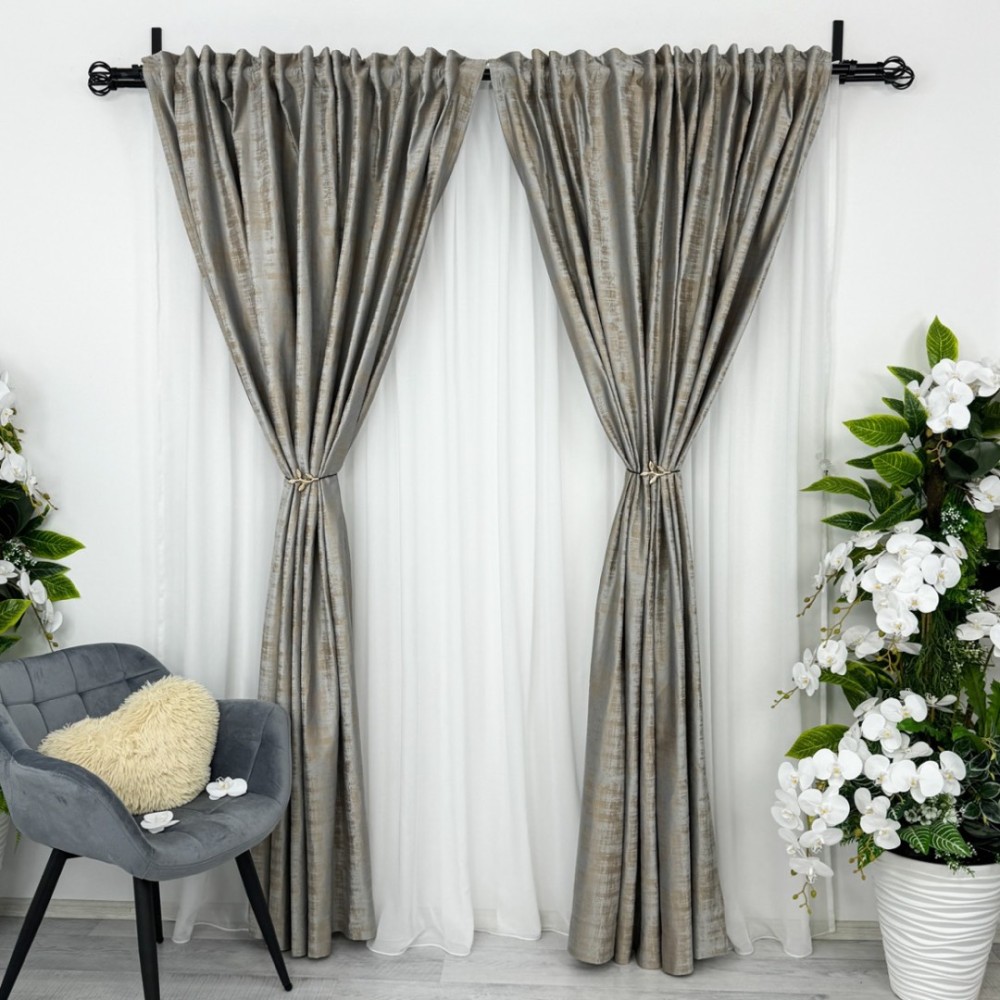 Set 2 Draperii Catifea cu model Venti, Gri cu Bej, 140cm latime x 260cm inaltime, cu tiv lat pt bara – imagine 8