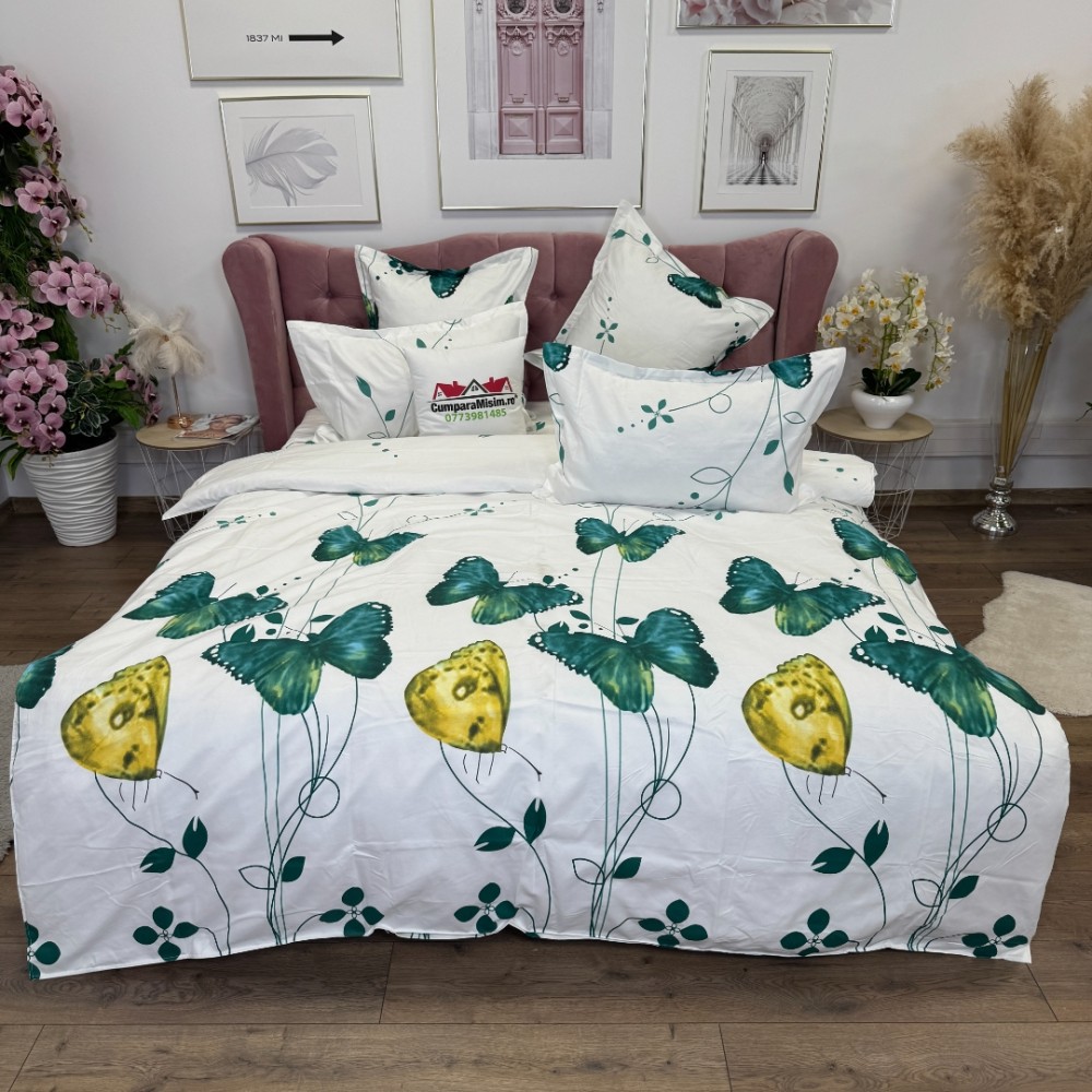 Lenjerie pat dublu, Finet, 6 piese, Verde, Alb, fluturi - view 2