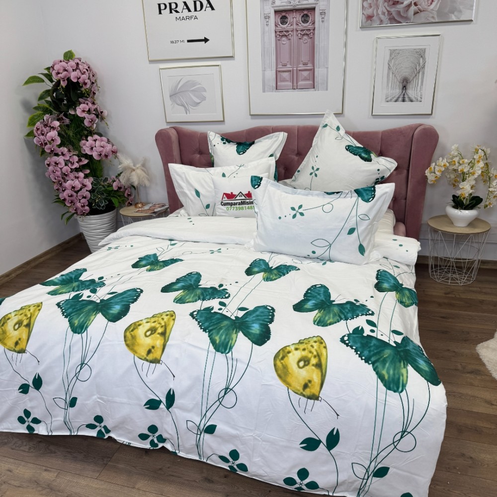 Lenjerie pat dublu, Finet, 6 piese, Verde, Alb, fluturi - view 4