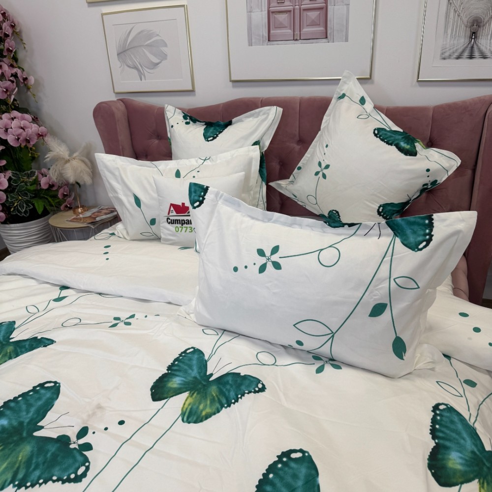 Lenjerie pat dublu, Finet, 6 piese, Verde, Alb, fluturi - view 5
