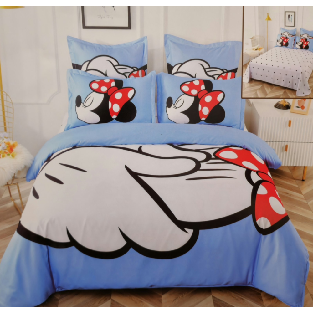 Lenjerie pat dublu, FINET, 6 piese, IDENTICA CU POZA, Alb, Bleu, Mickey si Minnie - view 4
