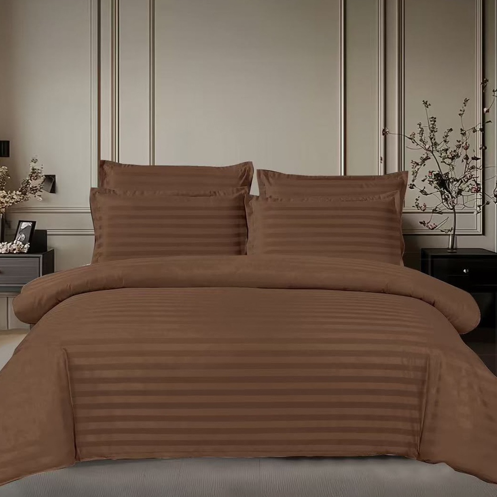 Lenjerie HoReCa, pat dublu, Damasc Finetat Deluxe cu Elastic, 6 piese, Maro - 2