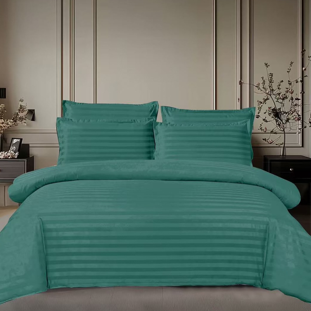 Lenjerie HoReCa, pat dublu, Damasc Finetat Deluxe cu Elastic, 6 piese, Verde — imaginea 2
