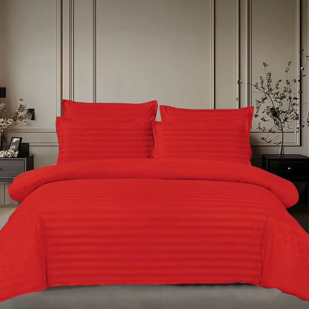 Lenjerie HoReCa, pat dublu, Damasc Finetat Deluxe cu Elastic, 6 piese, Rosu - 2
