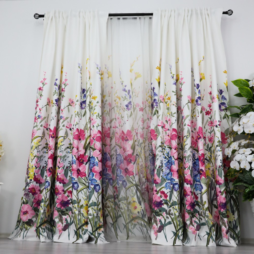 Draperie Satinata imprimata, flori roz, 140cm latime x 260cm inaltime, cu tiv lat pt bara — imaginea 2
