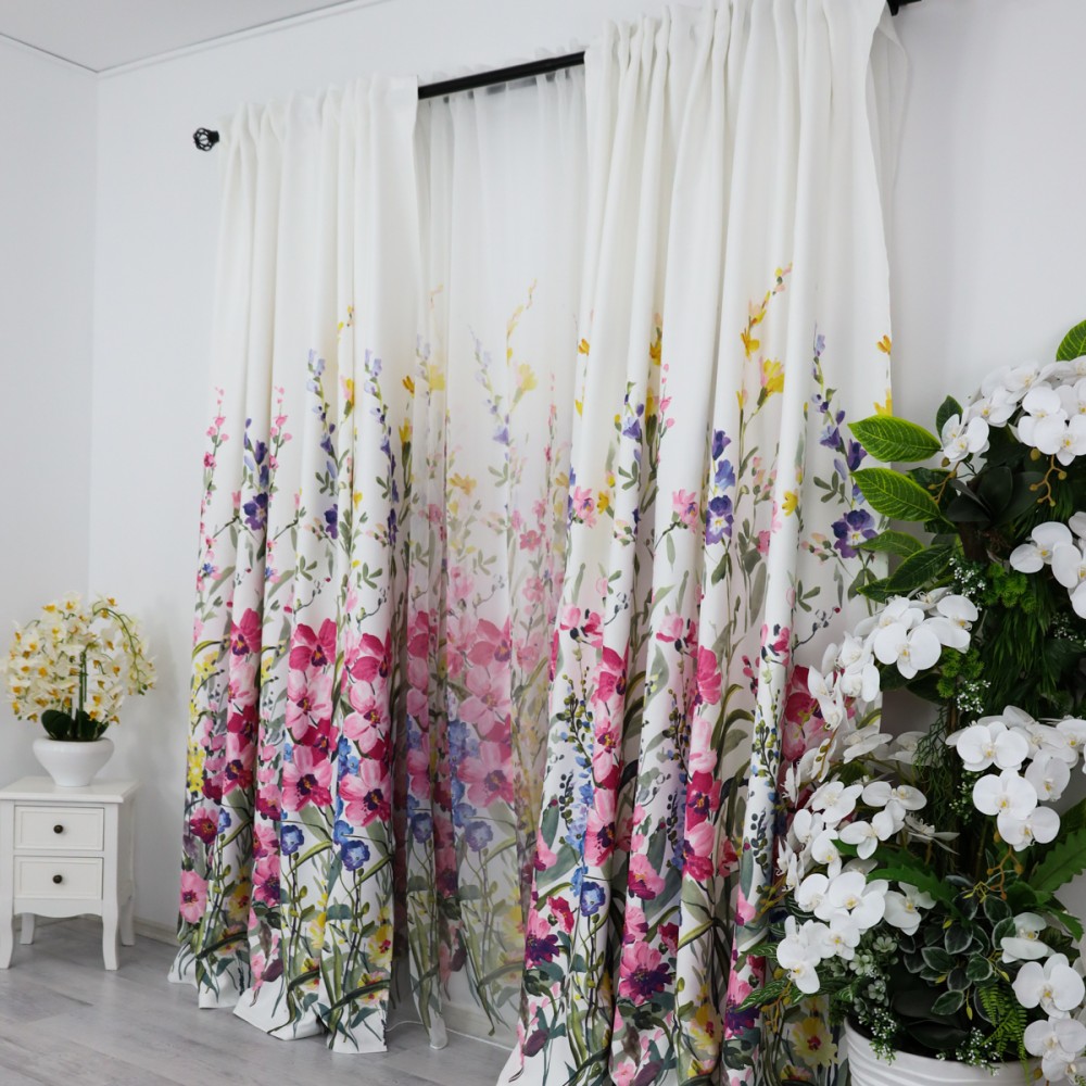 Draperie Satinata imprimata, flori roz, 140cm latime x 260cm inaltime, cu tiv lat pt bara — imaginea 3