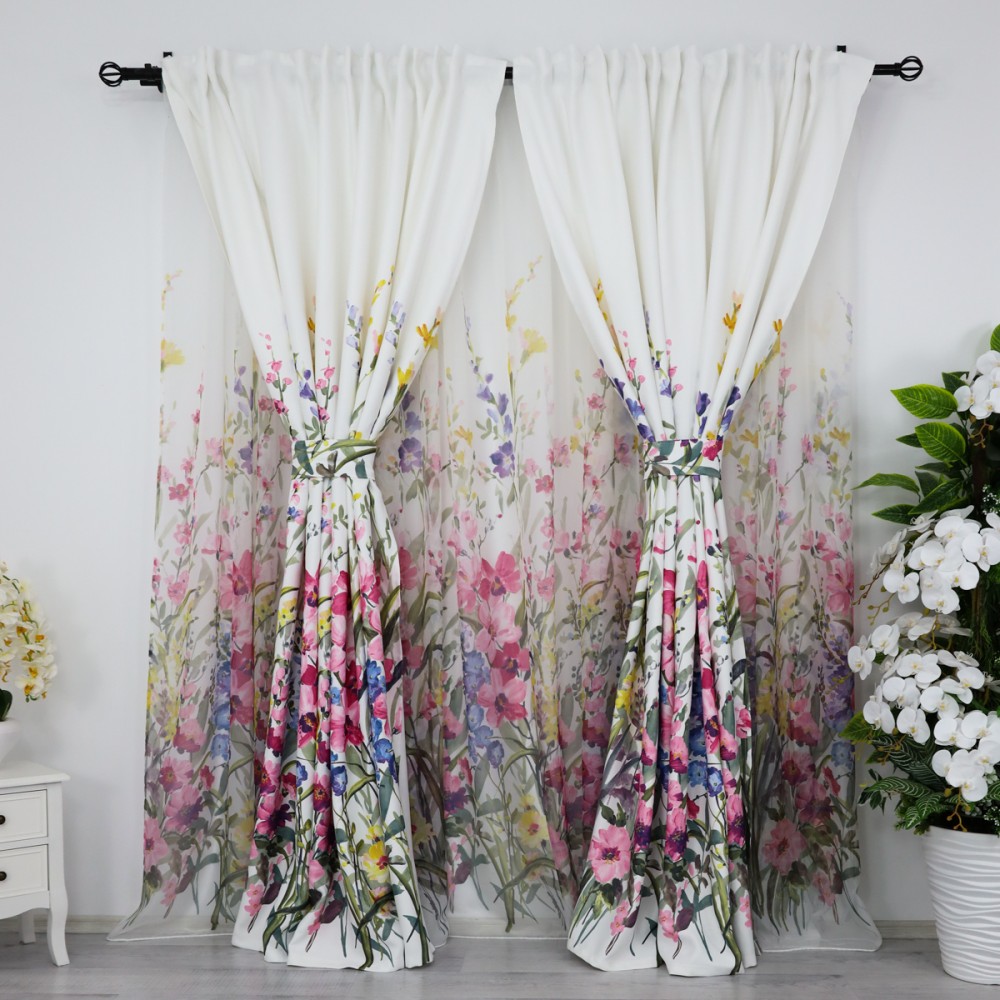 Draperie Satinata imprimata, flori roz, 140cm latime x 260cm inaltime, cu tiv lat pt bara — imaginea 6