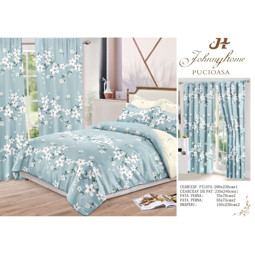 Set Lenjerie pat dublu (140x200cm, 160x200cm, 180x200cm) + 2 draperii, finet, 8 piese, Bleu, flori — imaginea 3