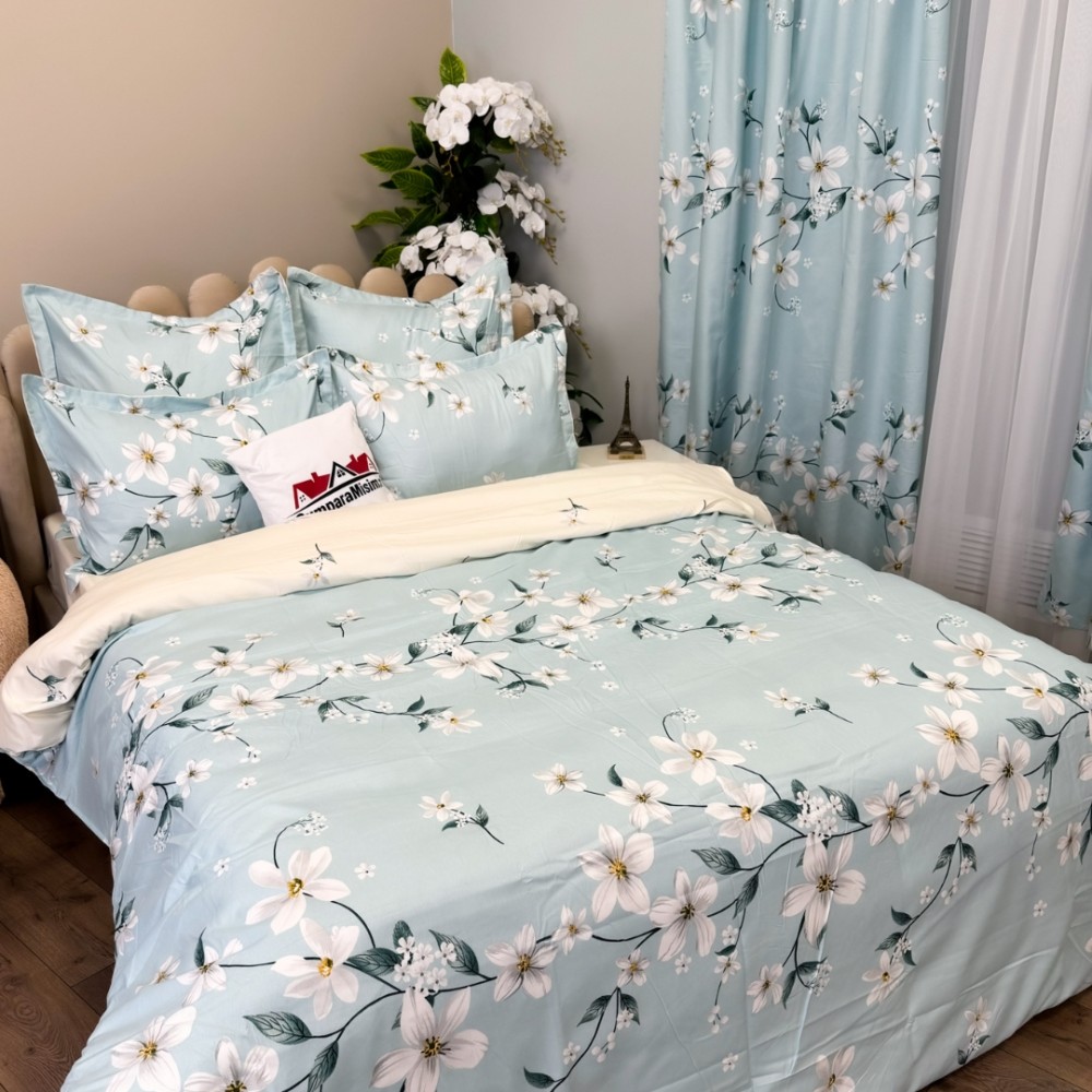 Set Lenjerie pat dublu (140x200cm, 160x200cm, 180x200cm) + 2 draperii, finet, 8 piese, Bleu, flori — imaginea 4