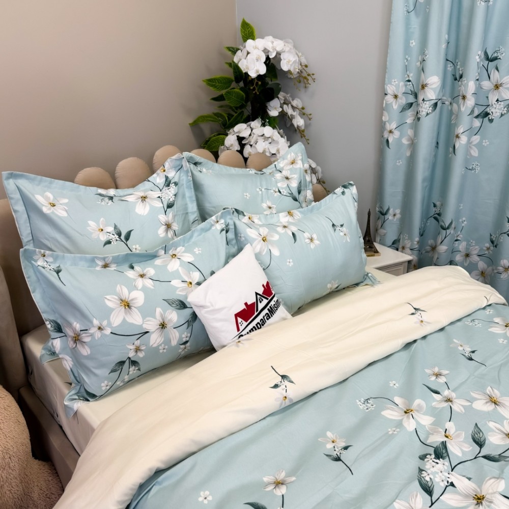 Set Lenjerie pat dublu (140x200cm, 160x200cm, 180x200cm) + 2 draperii, finet, 8 piese, Bleu, flori — imaginea 5
