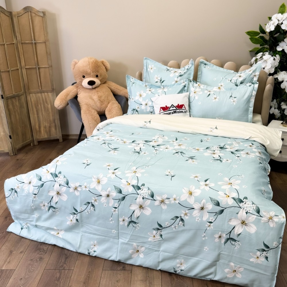 Set Lenjerie pat dublu (140x200cm, 160x200cm, 180x200cm) + 2 draperii, finet, 8 piese, Bleu, flori — imaginea 6