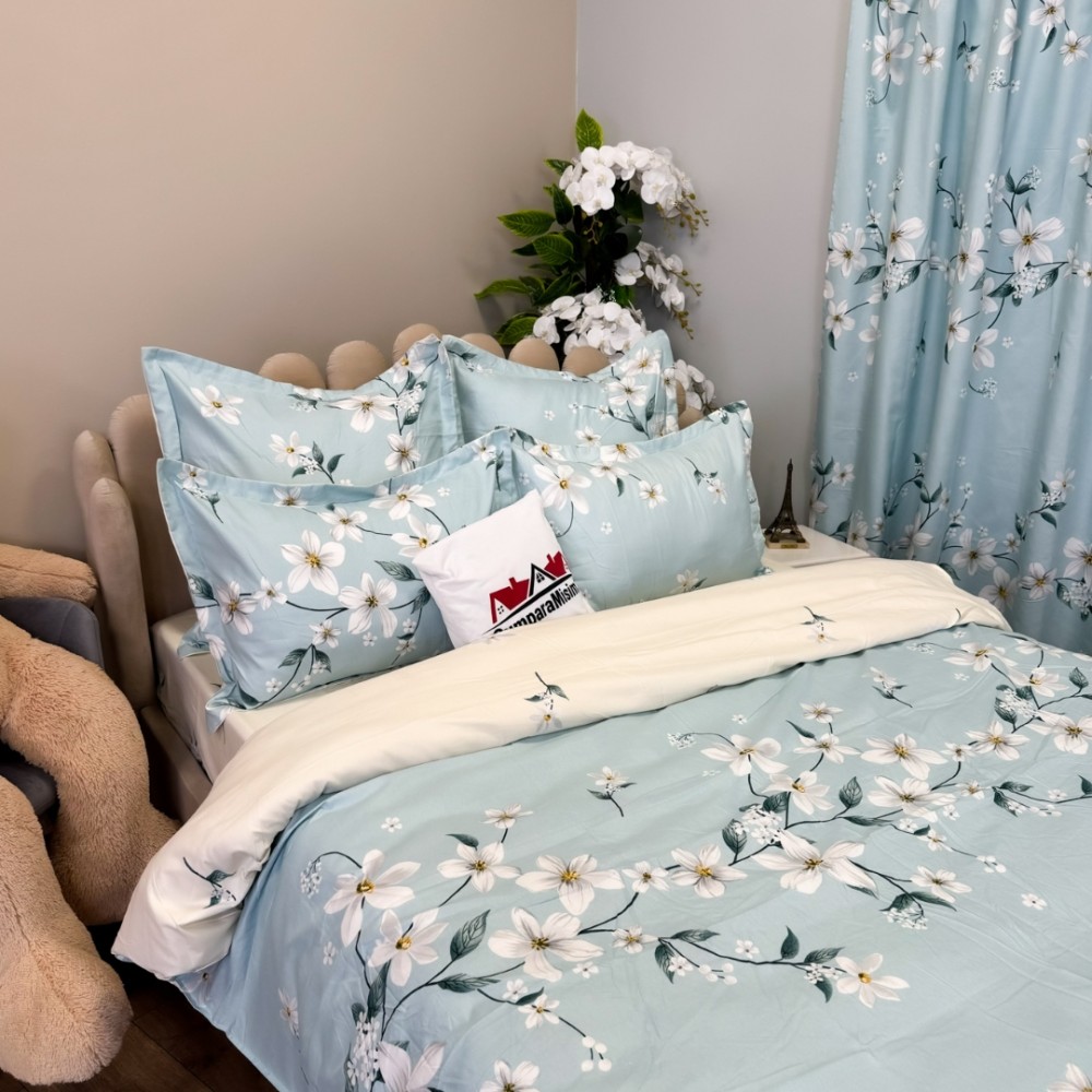 Set Lenjerie pat dublu (140x200cm, 160x200cm, 180x200cm) + 2 draperii, finet, 8 piese, Bleu, flori — imaginea 7