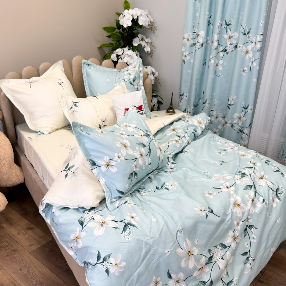 Set Lenjerie pat dublu (140x200cm, 160x200cm, 180x200cm) + 2 draperii, finet, 8 piese, Bleu, flori — imaginea 8