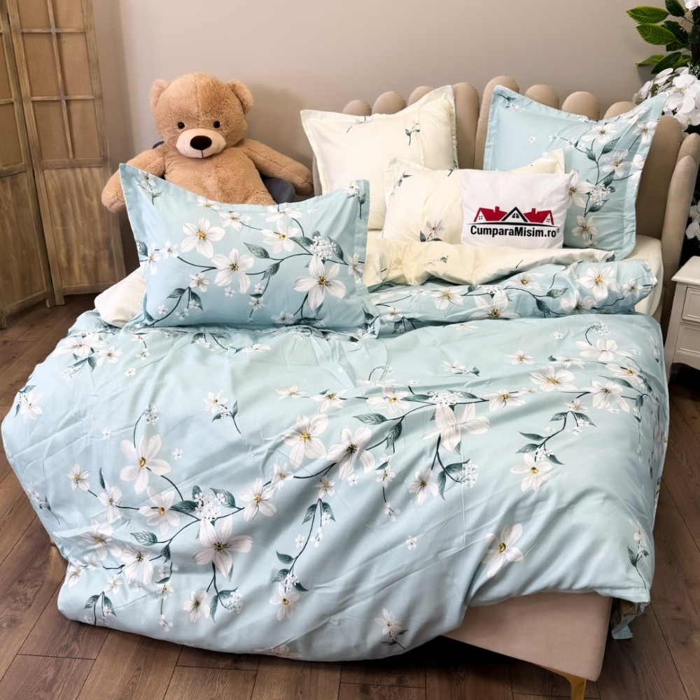 Set Lenjerie pat dublu (140x200cm, 160x200cm, 180x200cm) + 2 draperii, finet, 8 piese, Bleu, flori — imaginea 9