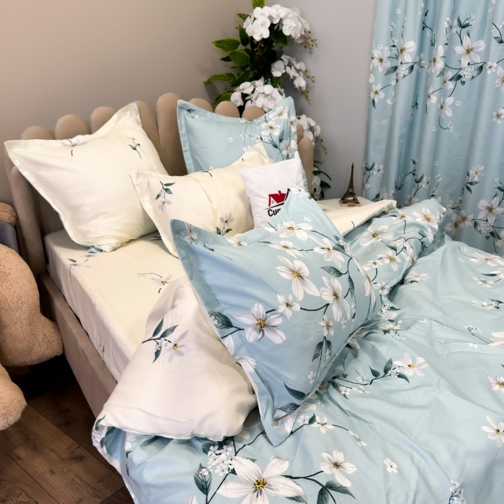 Set Lenjerie pat dublu (140x200cm, 160x200cm, 180x200cm) + 2 draperii, finet, 8 piese, Bleu, flori — imaginea 10