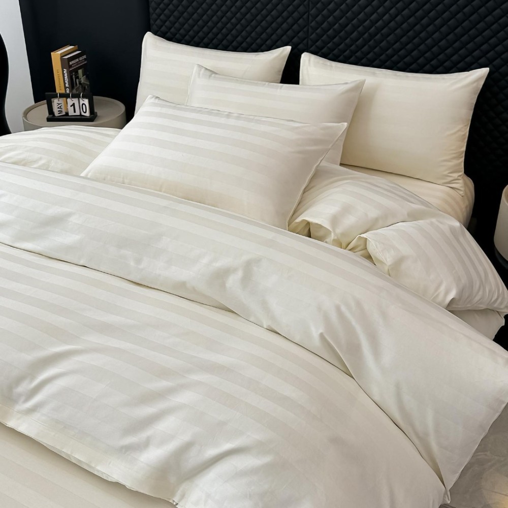 Lenjerie de Pat HoReCa DeLuxe, Damasc Premium din Bumbac Egiptean 100% , 6 Piese, Dunga Lata Tesuta, Cearceaf cu Elastic, Ivoire - 2