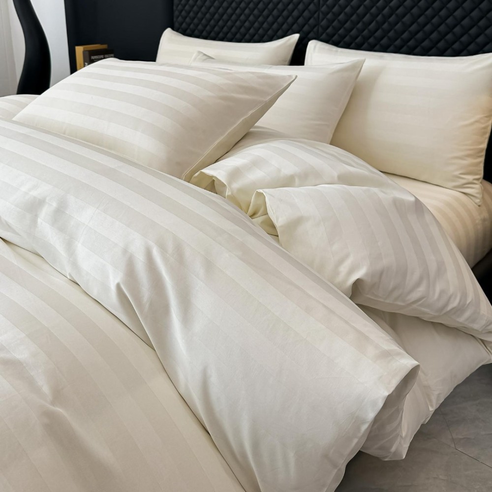 Lenjerie de Pat HoReCa DeLuxe, Damasc Premium din Bumbac Egiptean 100% , 6 Piese, Dunga Lata Tesuta, Cearceaf cu Elastic, Ivoire - 3