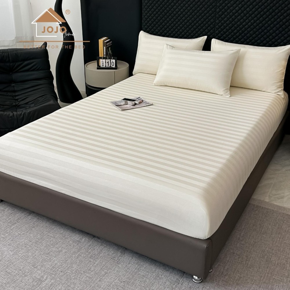 Lenjerie de Pat HoReCa DeLuxe, Damasc Premium din Bumbac Egiptean 100% , 6 Piese, Dunga Lata Tesuta, Cearceaf cu Elastic, Ivoire - 4