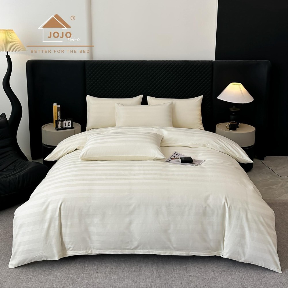 Lenjerie de Pat HoReCa DeLuxe, Damasc Premium din Bumbac Egiptean 100% , 6 Piese, Dunga Lata Tesuta, Cearceaf cu Elastic, Ivoire - 5