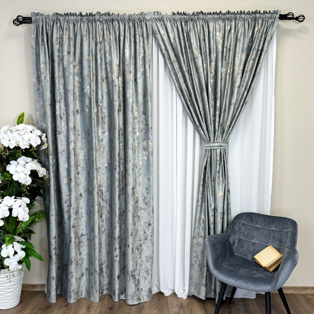 Draperie Catifea Asama cu insertii aurii, 140cm latime x 260cm inaltime, cu TIV LAT, Gri deschis - V24 – imagine 2