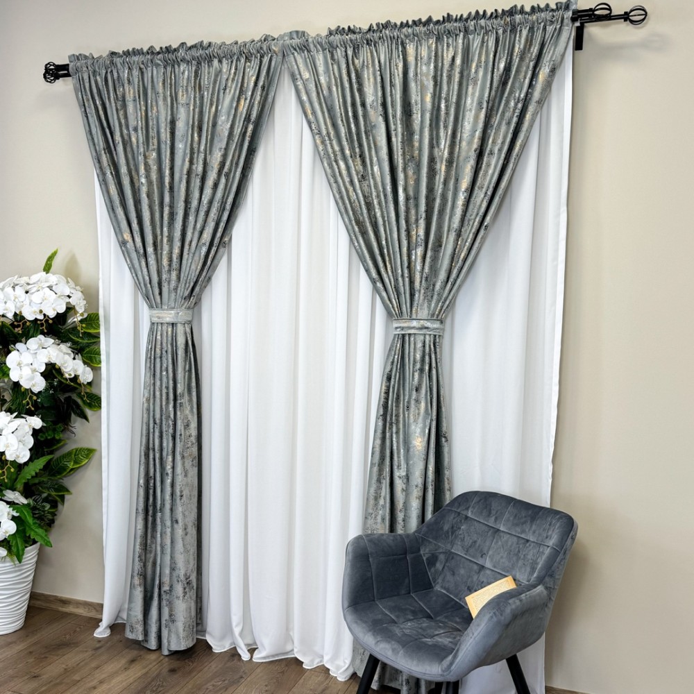 Draperie Catifea Asama cu insertii aurii, 140cm latime x 260cm inaltime, cu TIV LAT, Gri deschis - V24 – imagine 5