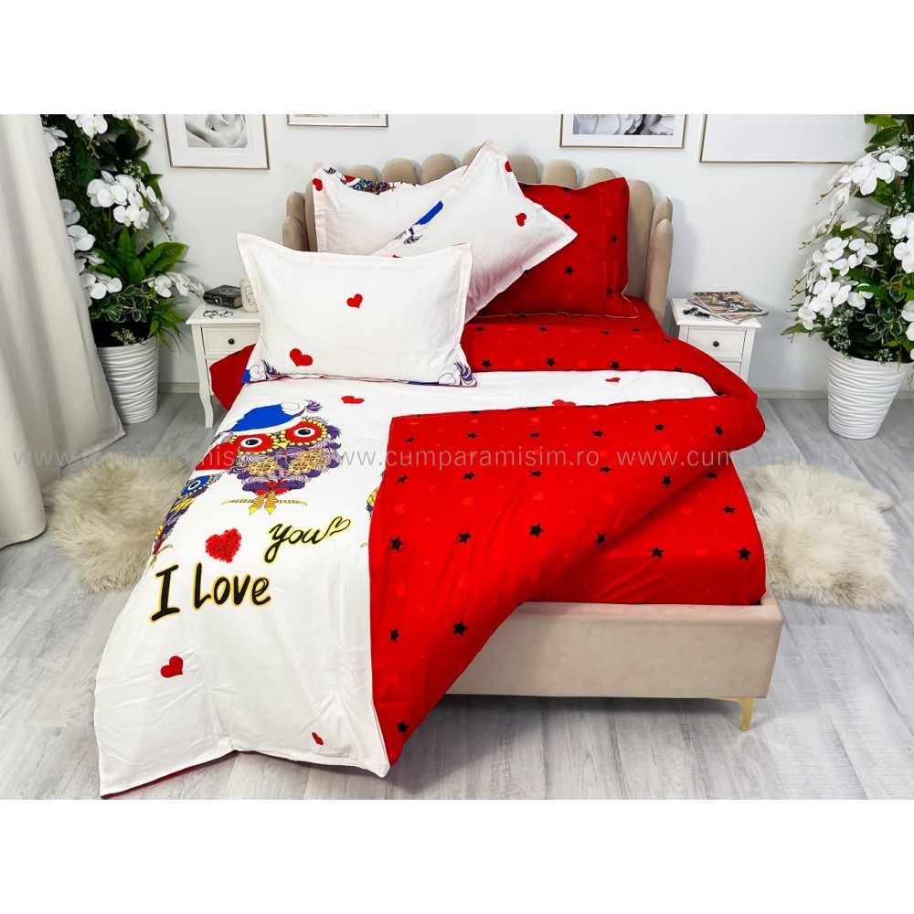 Lenjerie pat dublu cu ELASTIC, Finet, 6 piese, Rosu, bufnite — imaginea 8