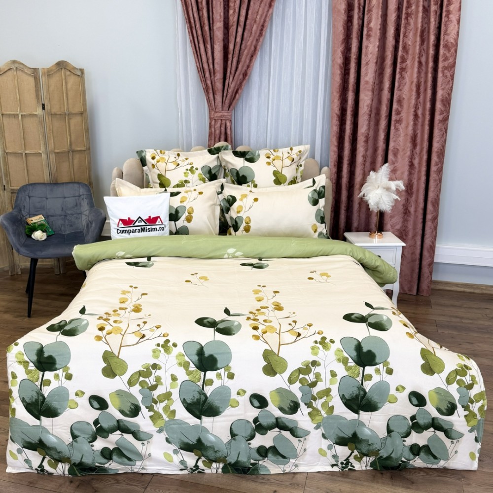 Lenjerie pat dublu, Finet, 6 piese, Crem, Verde, flori - 2