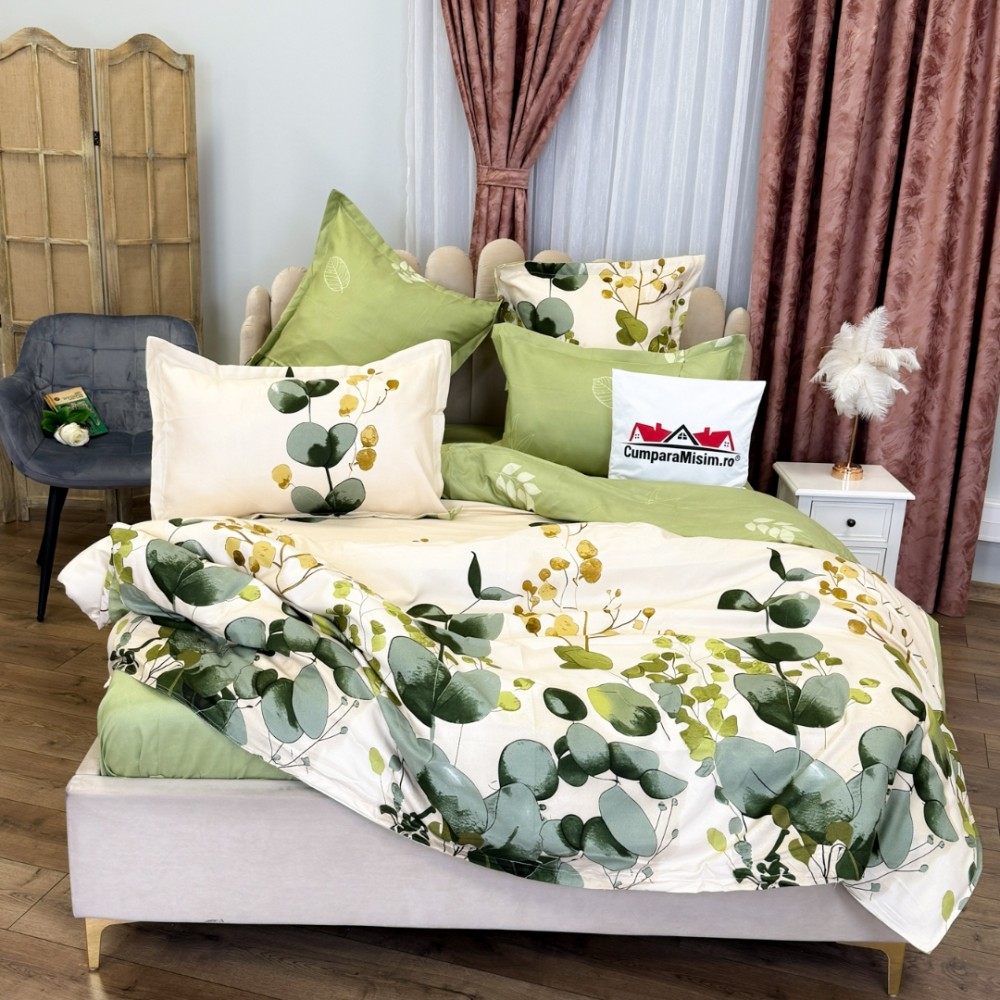 Lenjerie pat dublu, Finet, 6 piese, Crem, Verde, flori - 3