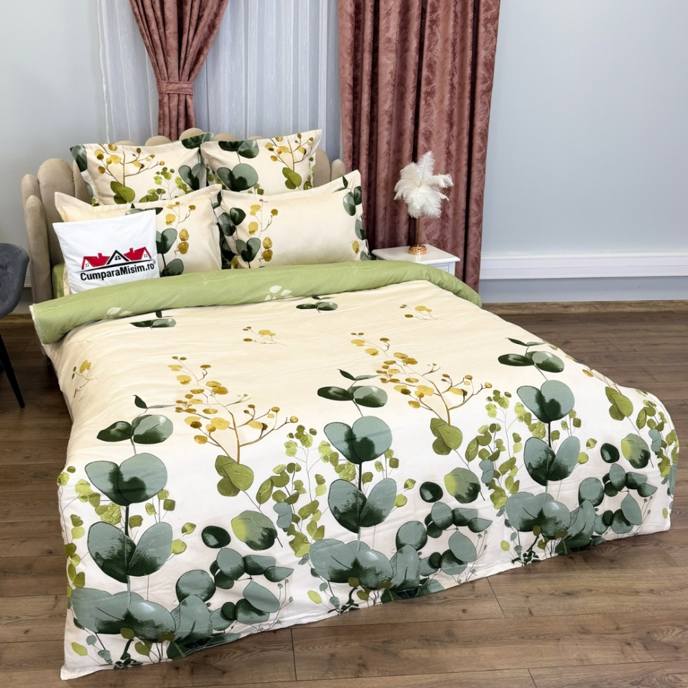Lenjerie pat dublu, Finet, 6 piese, Crem, Verde, flori - 4