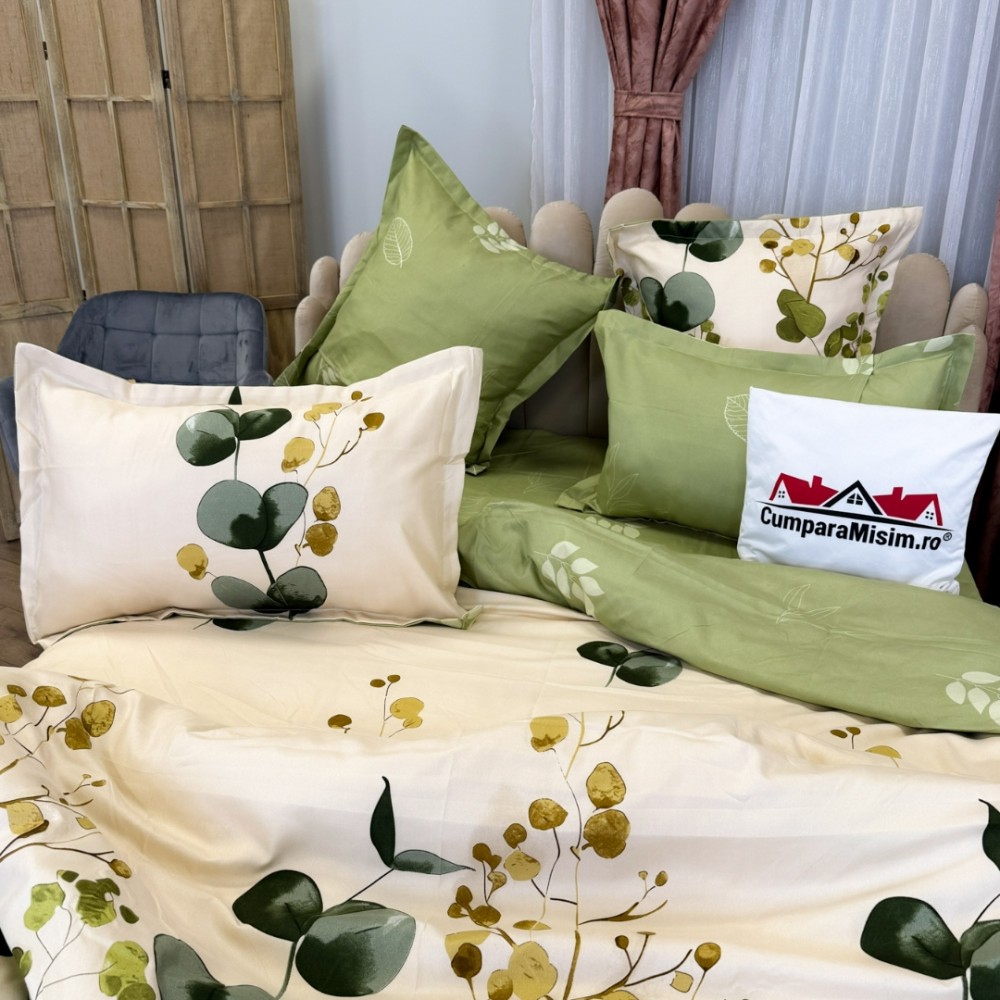 Lenjerie pat dublu, Finet, 6 piese, Crem, Verde, flori — imaginea 6