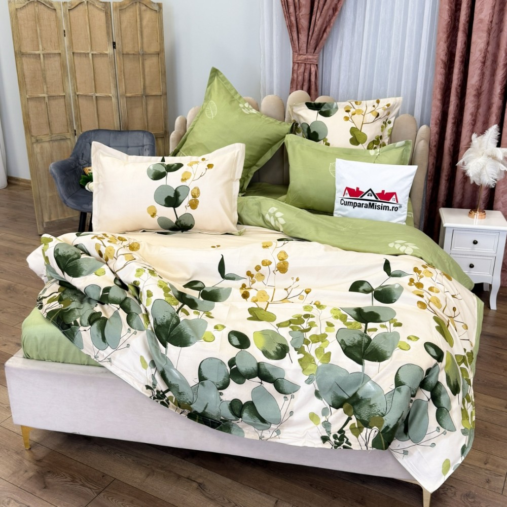 Lenjerie pat dublu, Finet, 6 piese, Crem, Verde, flori — imaginea 8