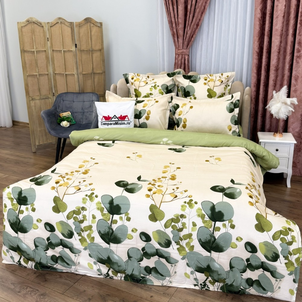 Lenjerie pat dublu, Finet, 6 piese, Crem, Verde, flori — imaginea 9